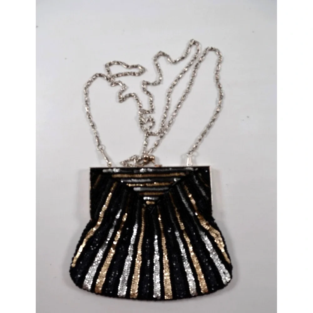 Vtg Gold Silver Sequined Beaded Handbag Purse Evening Purse Handmade Hong Kong